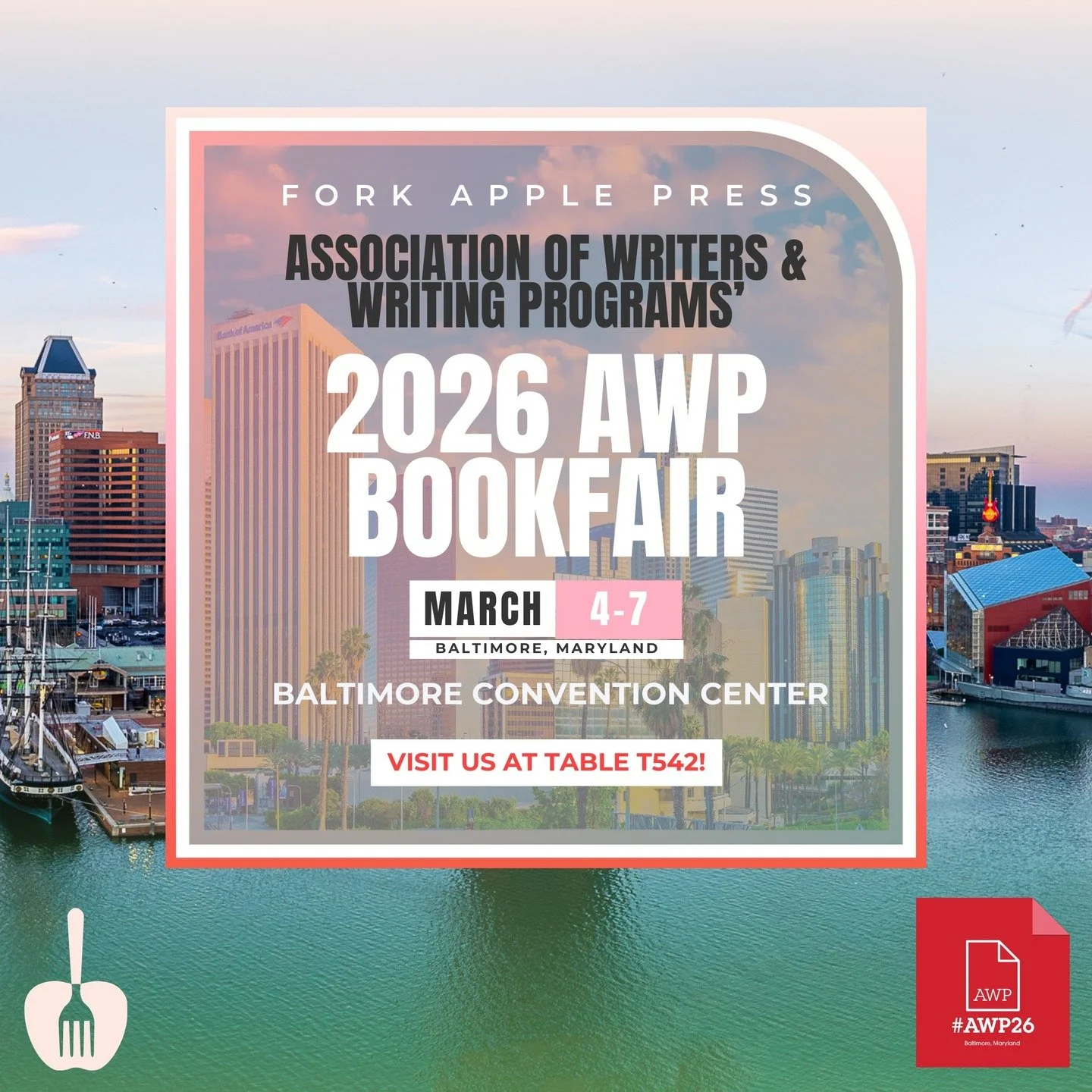 Fork Apple Press is here at AWP! Come visit our table at the bookfair, T542.

And please come grab some of our free swag! We have candy, apples, pins, buttons, stickers, mirrors, and menstrual products.

We're also selling $2 keychains, or free with 