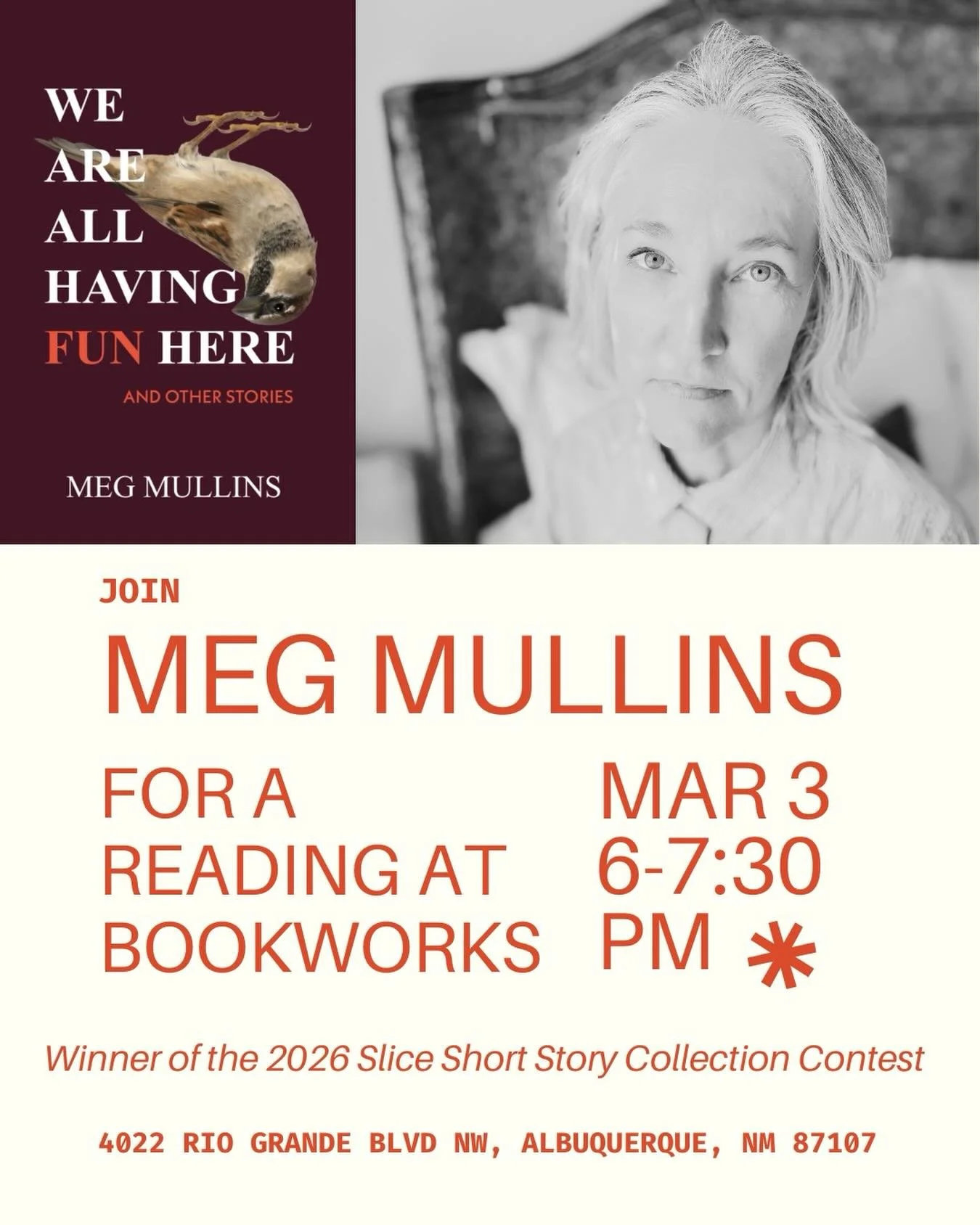 Join Slice Short Story Collection Contest Winner Meg Mullins at Bookworks in Albuquerque, NM on March 3rd, 6-7:30pm for a reading of her new book, author of We Are All Having Fun Here, in celebration of its launch! She&rsquo;ll be reading excerpts fr