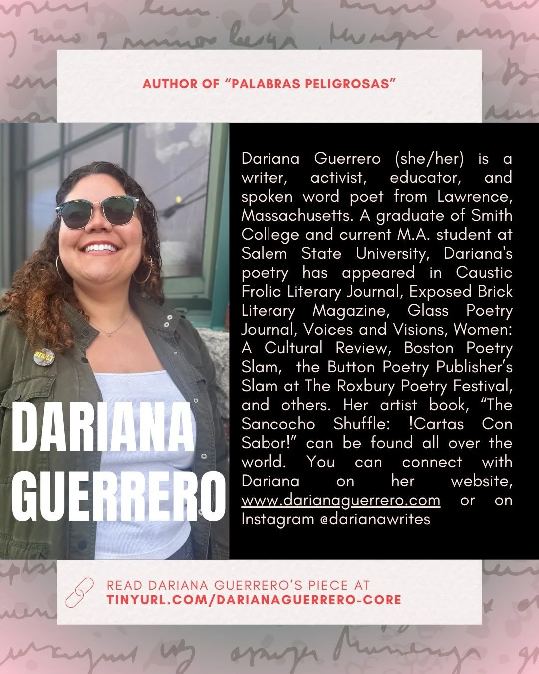 Read Dariana Guerrero&rsquo;s poem, &ldquo;Palabras Peligrosas&rdquo; in The Core Review Issue 3!

Read the piece online:
https://tinyurl.com/darianaguerrero-core

Buy the issue in print: https://tinyurl.com/thecore3

#poetry #poem #thecorereview #fo