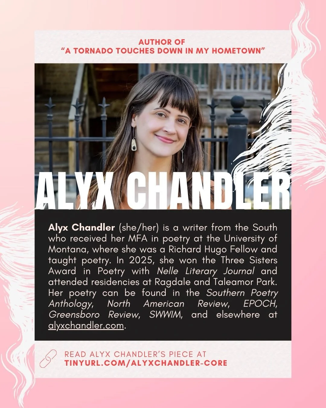 Read Alyx Chandler&rsquo;s poem, &ldquo;A Tornado Touches Down in My Hometown&rdquo; in The Core Review Issue 3!

Read the piece online:
https://tinyurl.com/alyxchandler-core

Buy the issue in print: https://tinyurl.com/thecore3

#poetry #poem #theco