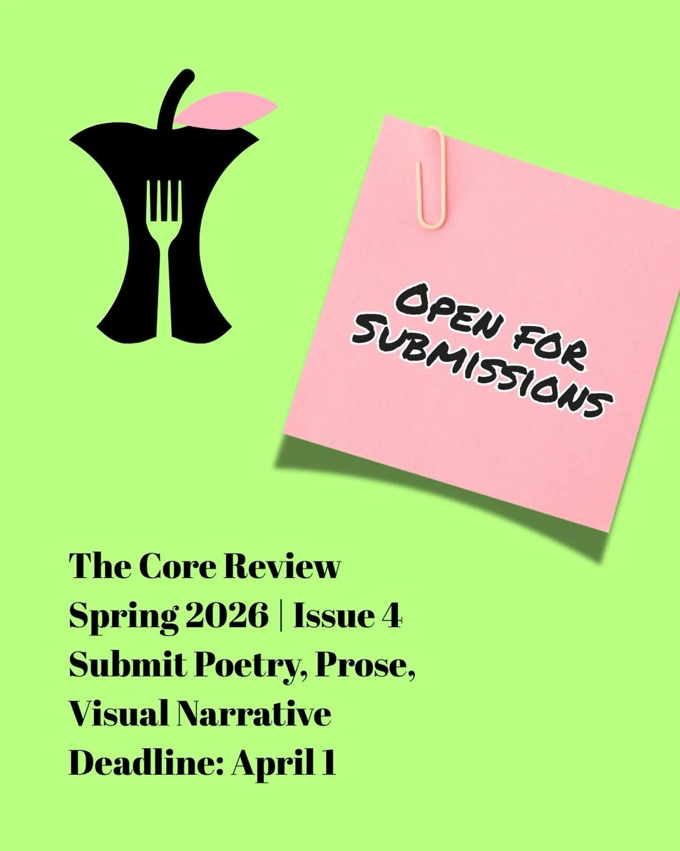 The Core Review is now accepting submissions for our fourth issue! We&rsquo;re looking for poetry, prose, and visual narrative. Submissions to The Core are always free. Send us your best! Link in bio to submit on Submittable.

#opensubmissions #submi