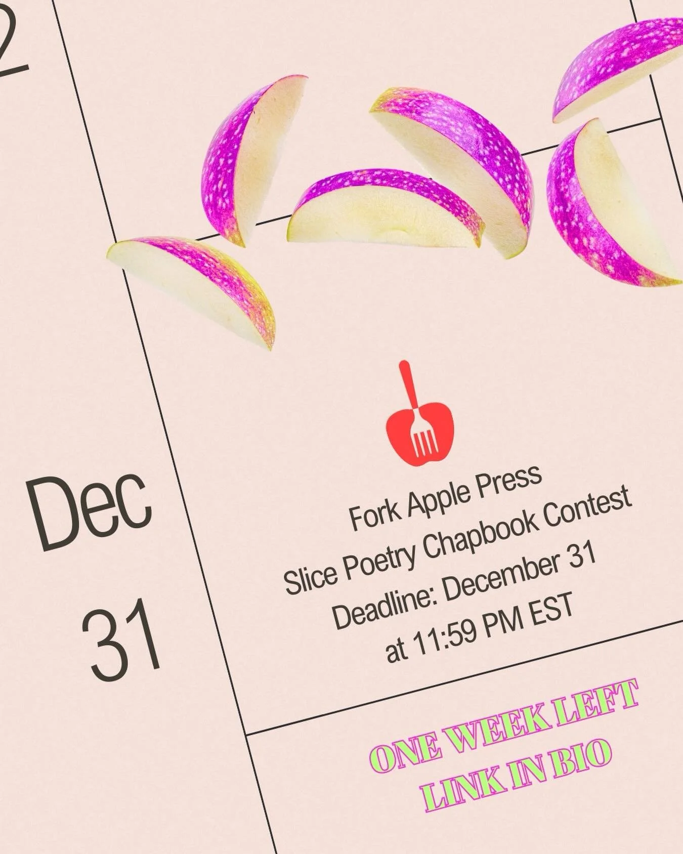 There is ONE WEEK LEFT to submit to The Slice Poetry Chapbook Contest! Submissions should be up to 35 pages of poems, in a 12-point font. Link in bio to learn more and submit. 

Contest winner will receive an award of $500, 10 author copies, and 25% 