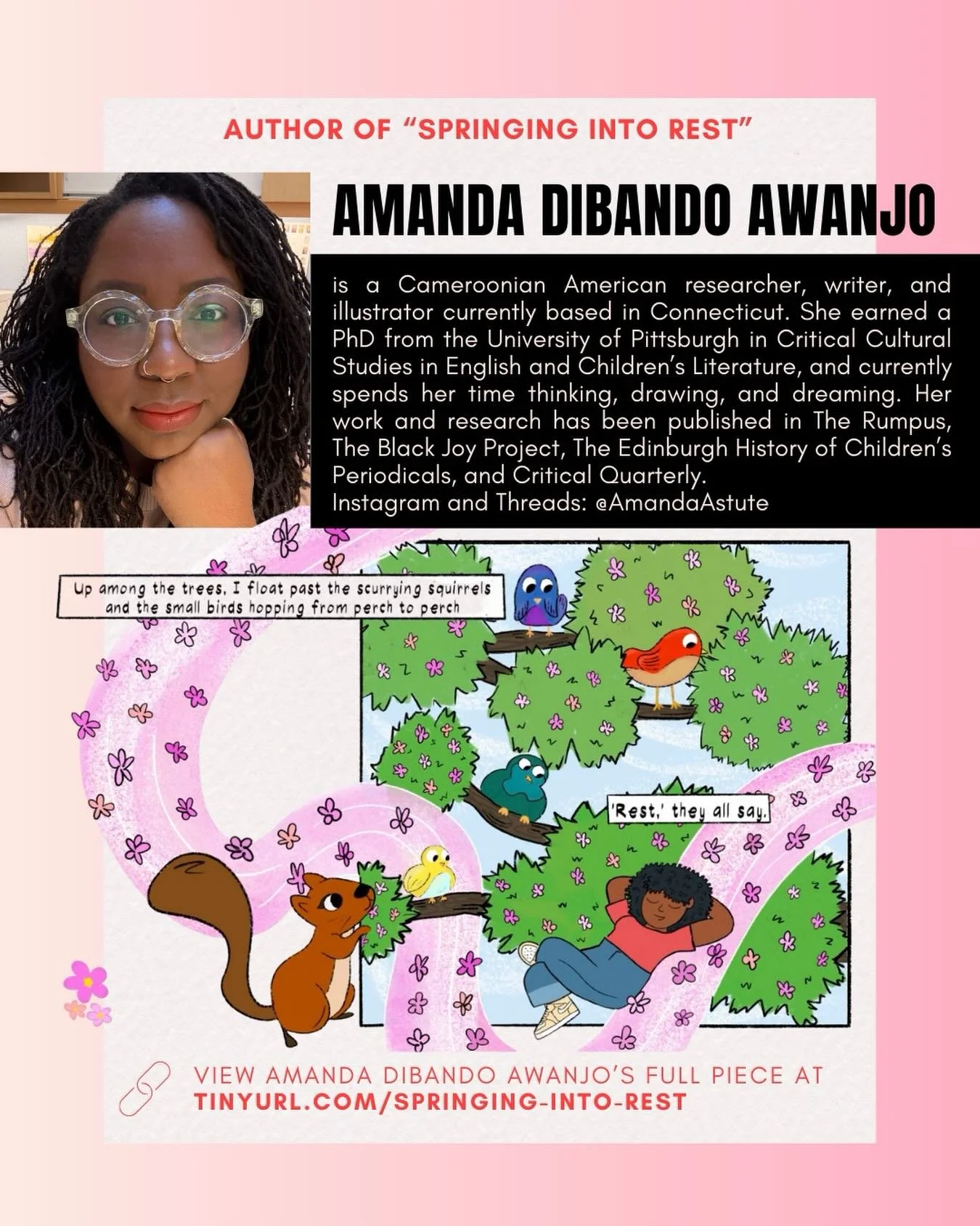 Read Amanda Dibando Awanjo&rsquo;s visual narrative piece, &ldquo;Springing Into Rest&rdquo; in The Core Review Issue 3!

Read the piece online:
https://tinyurl.com/amanda-dibando-awanjo

Buy the issue in print: https://tinyurl.com/thecore3

#visualn