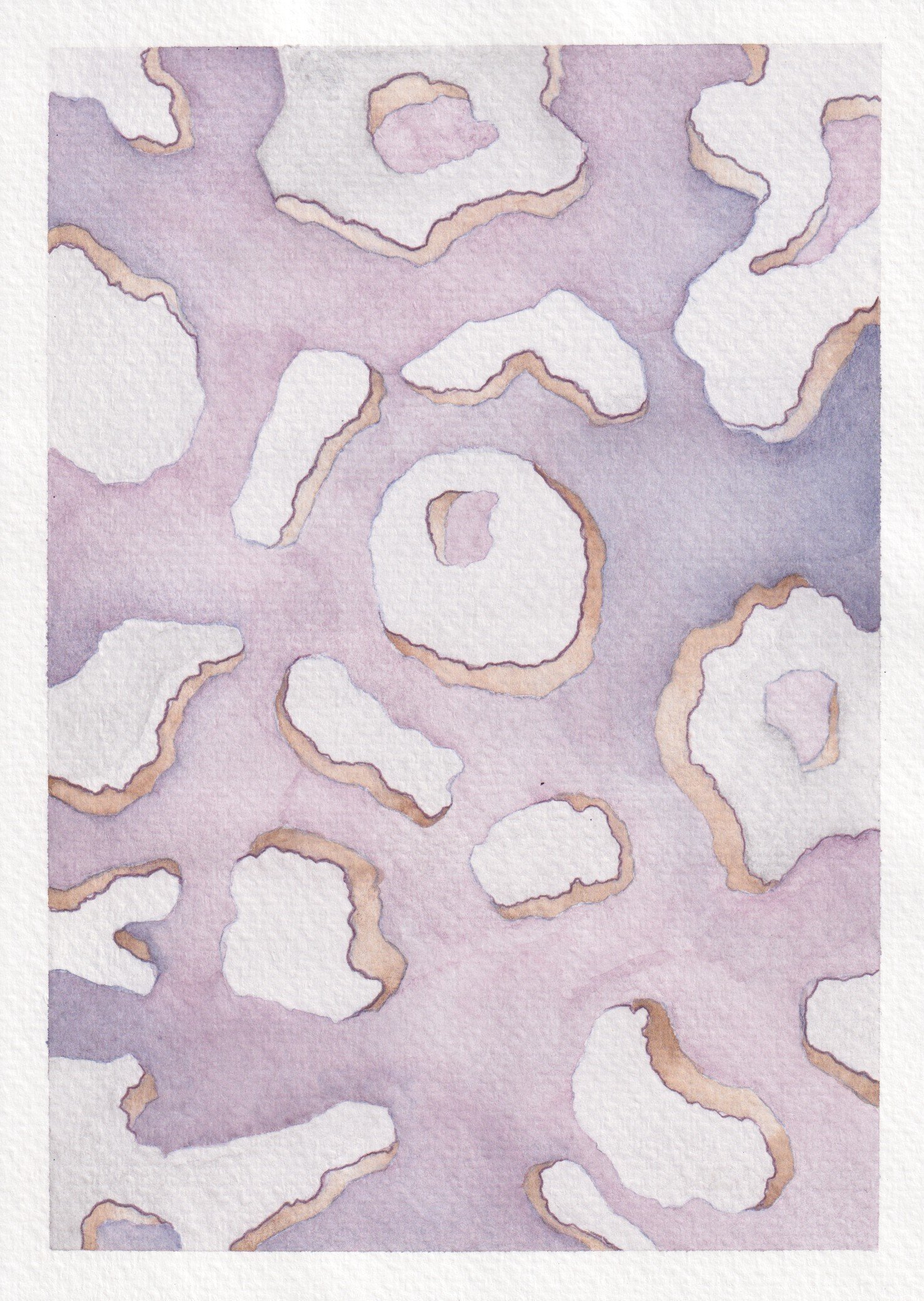 Abstract watercolor painting with organic, irregular shapes in pastel pink and purple tones.