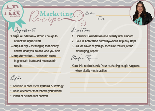 Decorative recipe-style marketing graphic titled “Do You Have the Right Marketing Recipe?” featuring the three pillars Foundation, Clarity, and Activation with ingredient-style descriptions, directions for building a marketing strategy, and a chef’s