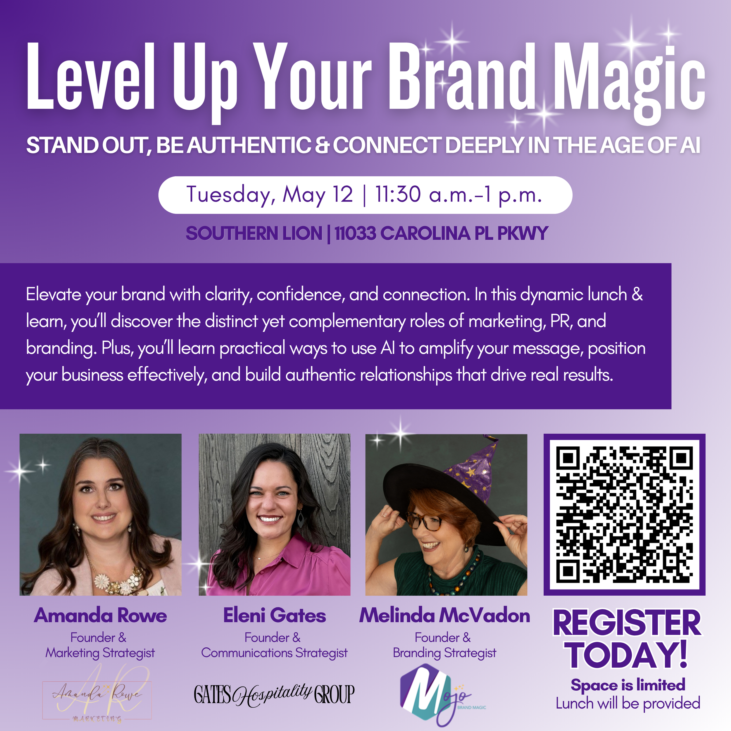 Amanda Rowe, Eleni Gates, and Melinda McVadon promoting a Lunch & Learn on May 12 about elevating your brand with clarity, confidence, and connection through marketing, PR, and AI.