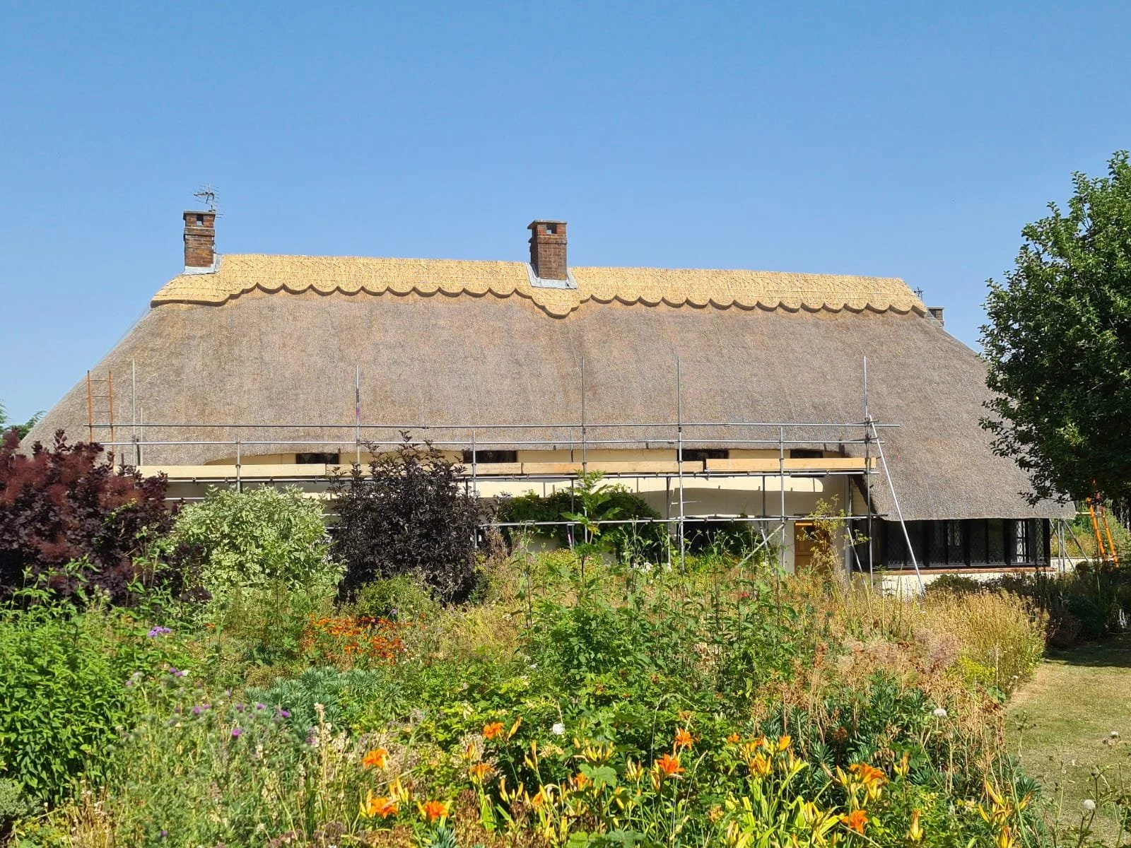 A cottage with a combed wheat reed thatched roof and pattern ridge
