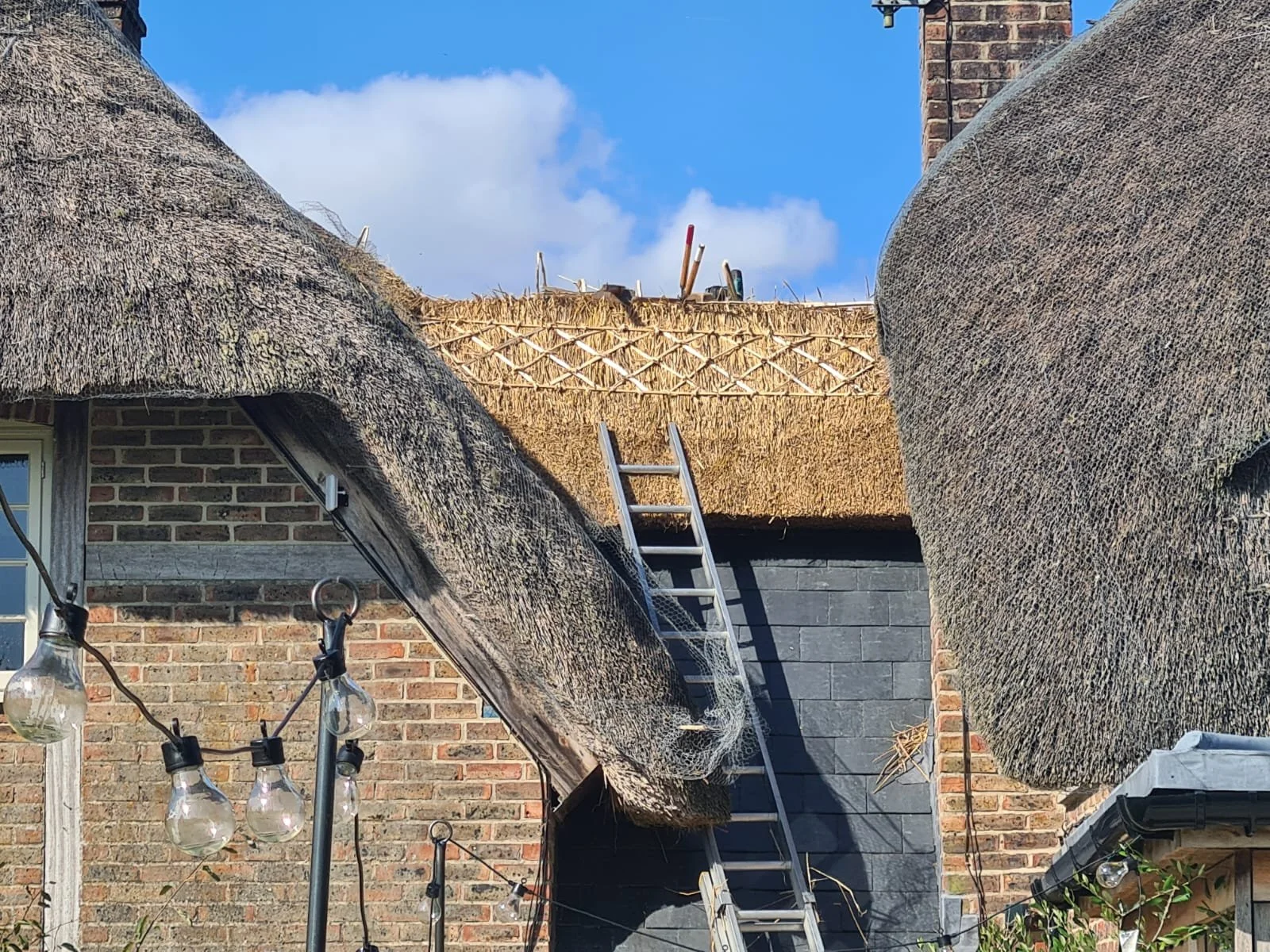 Repaired section of thatched roof