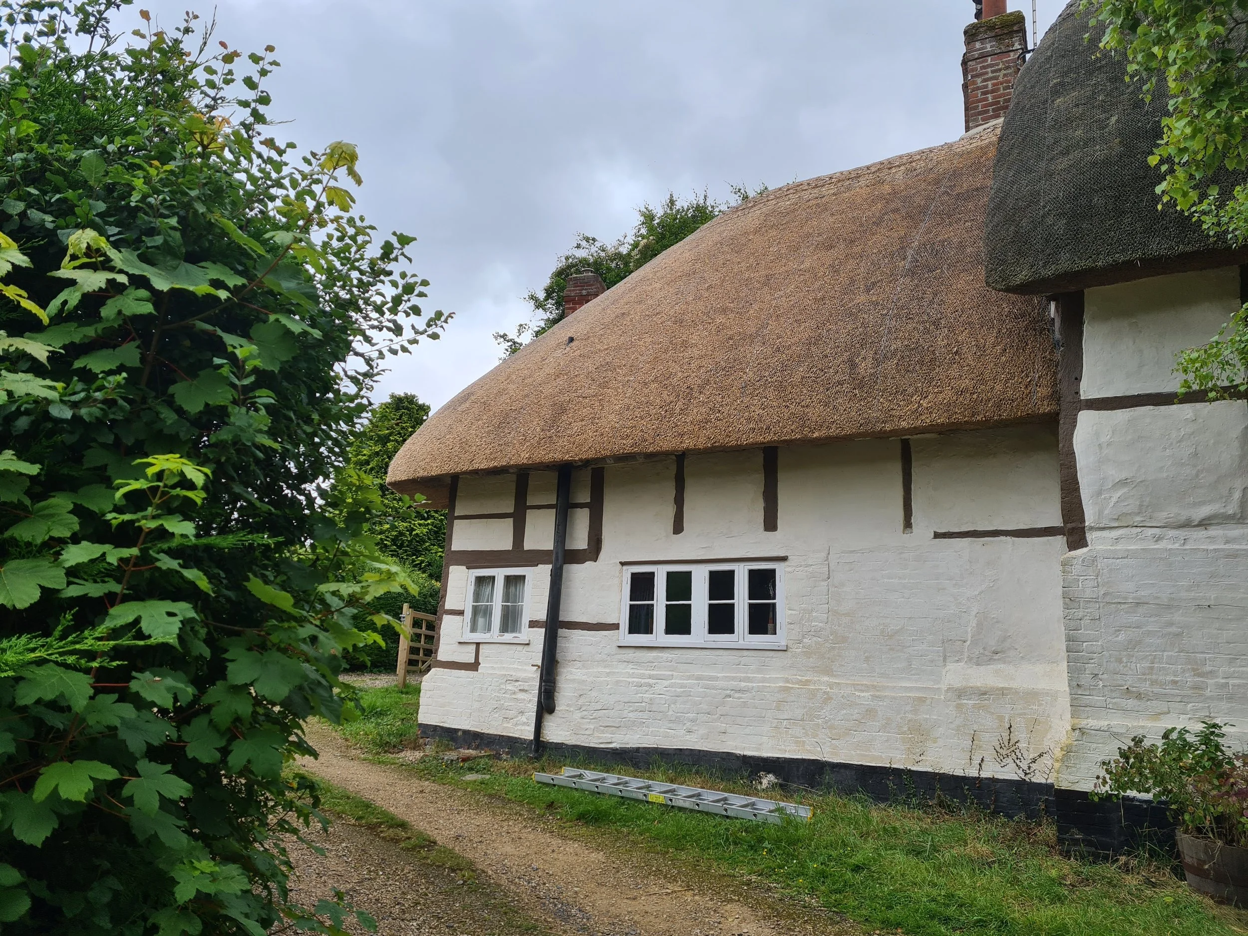 A timber framed cottage with thatched roof