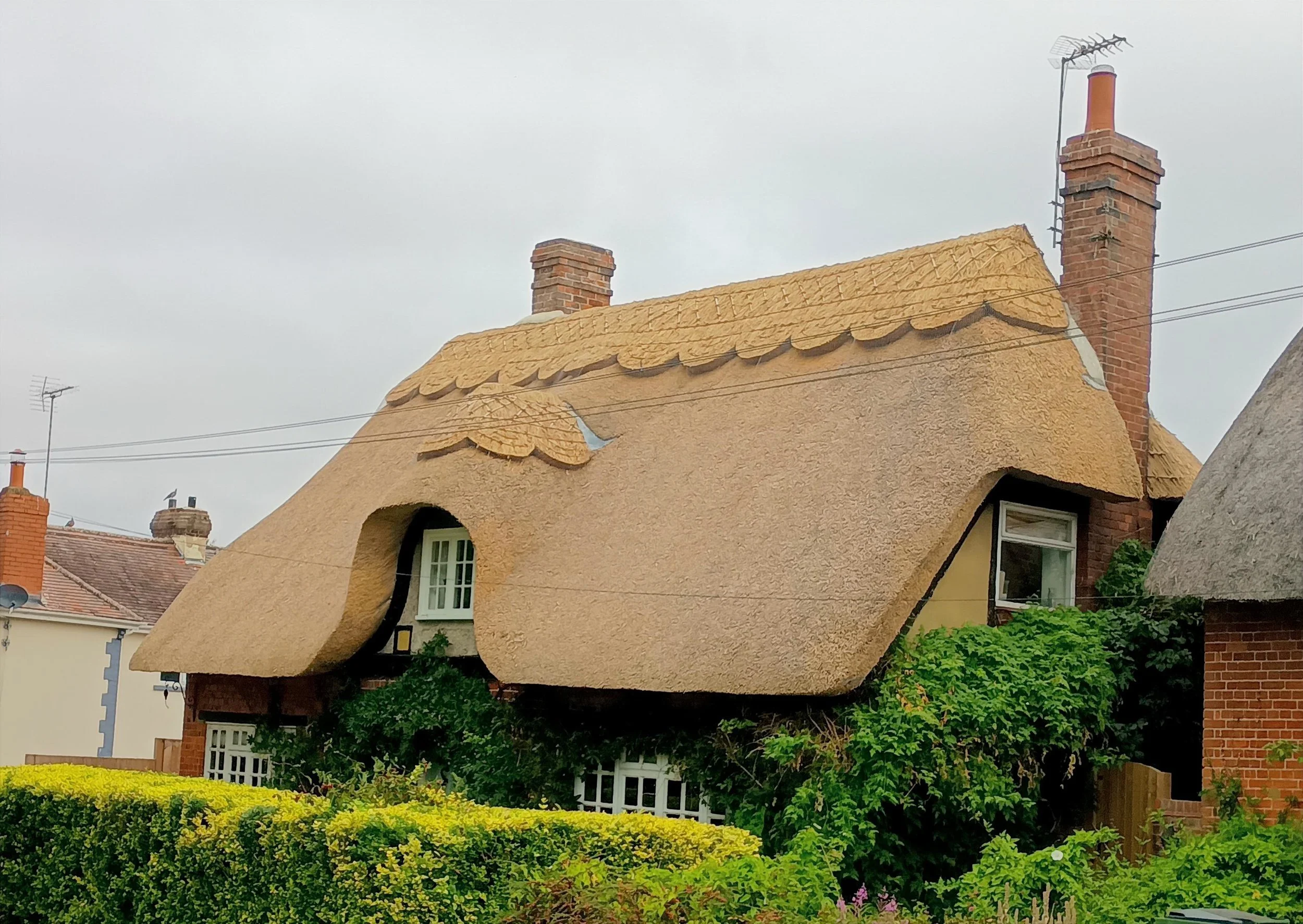A house with a combed wheat reed thatched roof, curved eaves and pattern ridge