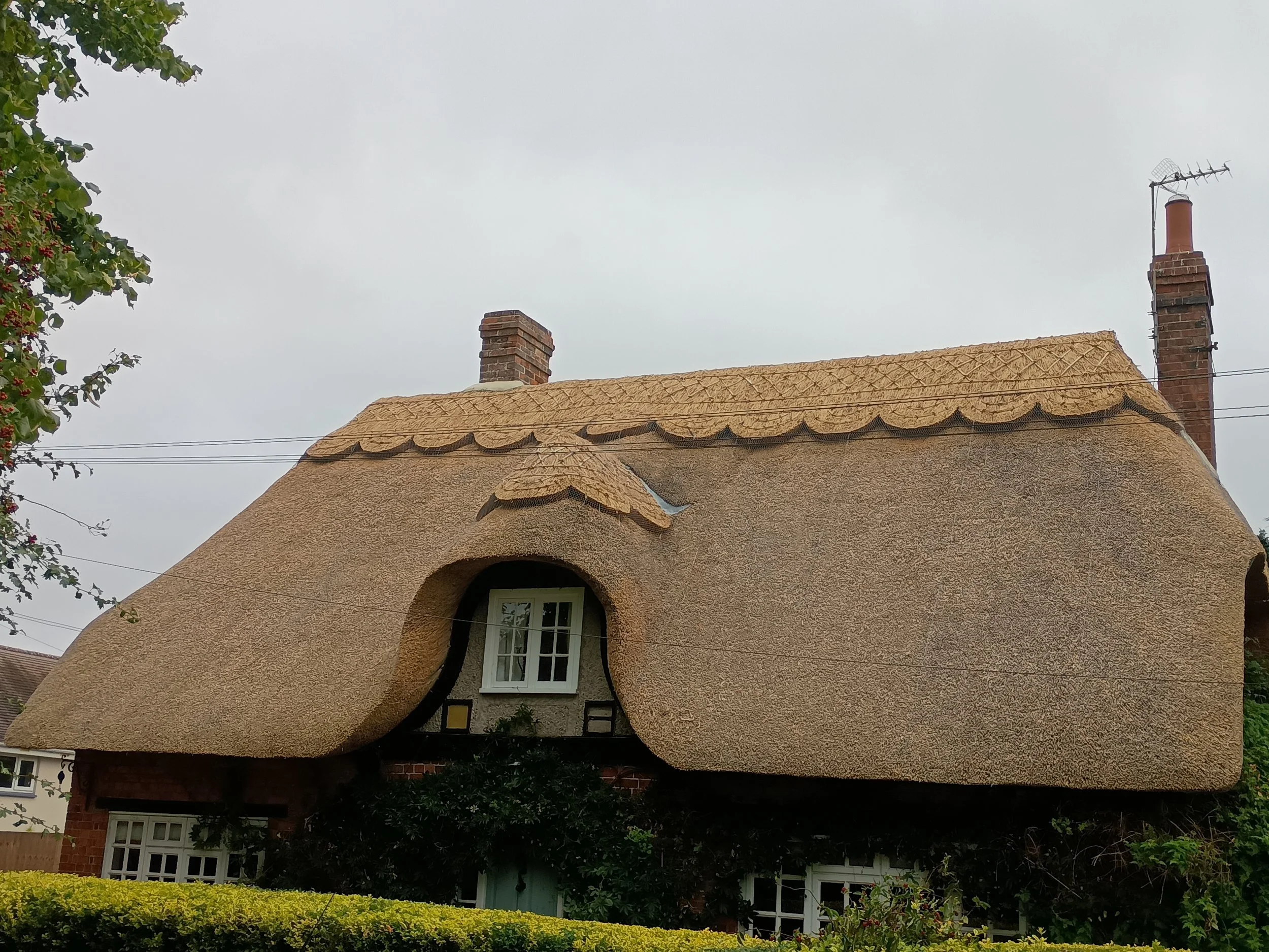 A house with a combed wheat thatched roof and pattern ridge.