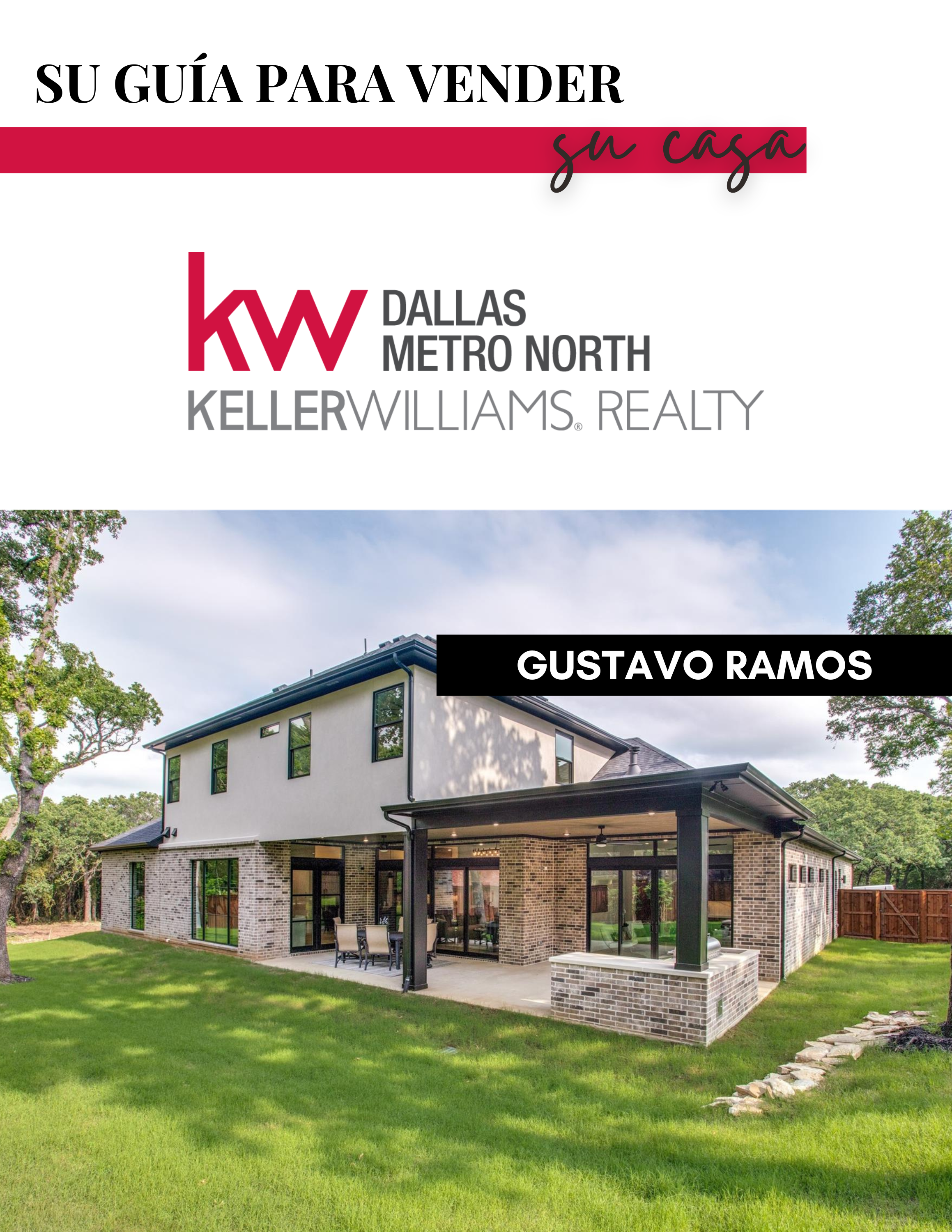 Real estate brochure cover featuring a modern kitchen with wooden cabinets, marble backsplash, and a central island. Includes contact information for Gustavo Ramos, a realtor, with phone number and email. Text in Spanish promoting a home-selling guide.