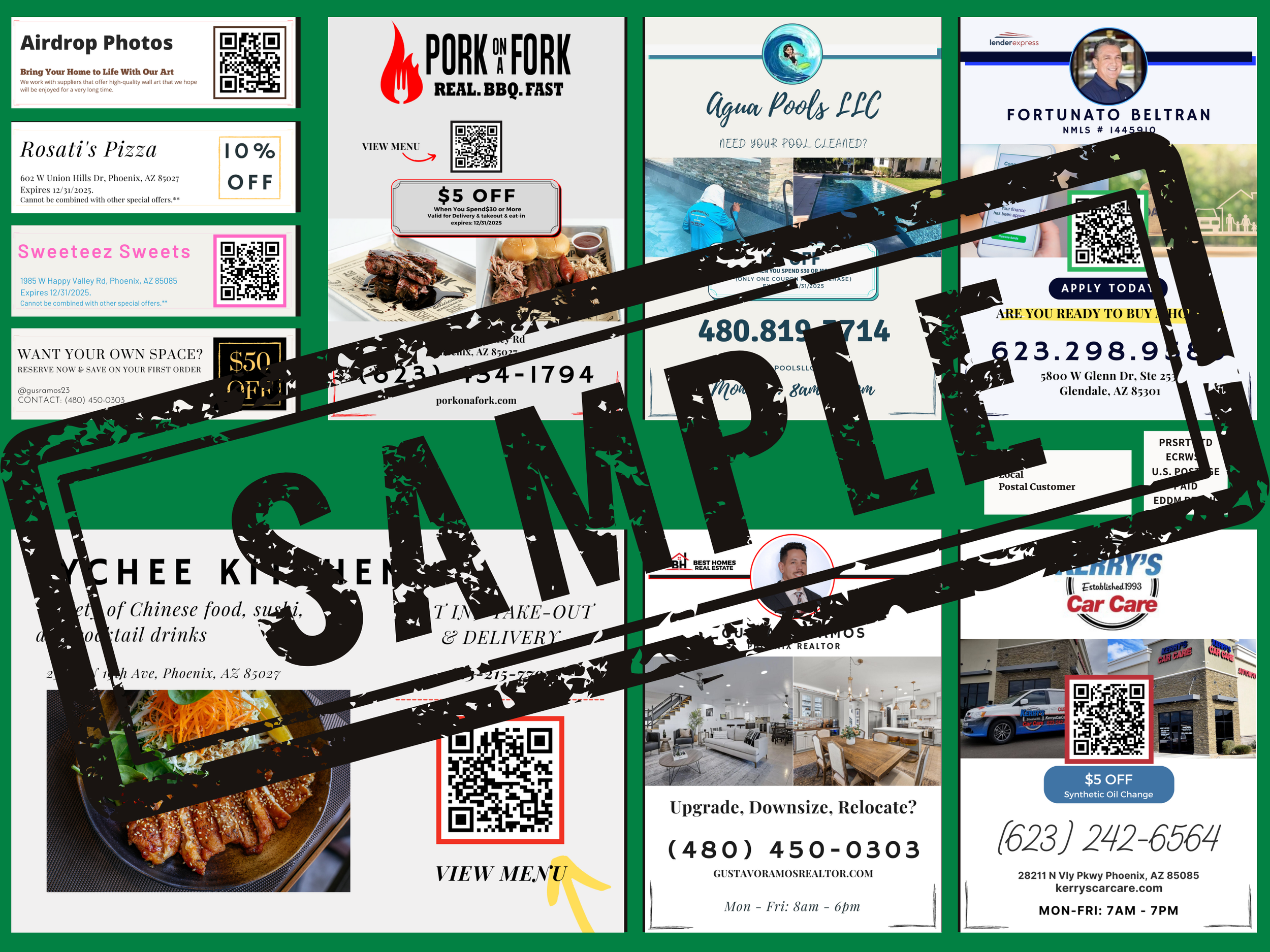 A collage of various business advertisements including Airdrop Photos, Rosati's Pizza with a 10% off coupon, Sweeteez Sweets, Pork on Fork BBQ with a $5 off offer, Aqua Pools LLC, Fortunato Beltran lending services, Chee Kitchen, Kerry's Car Care with a $5 off oil change coupon, and Gustavo Ramos realtor services. A "SAMPLE" stamp overlays the collage.