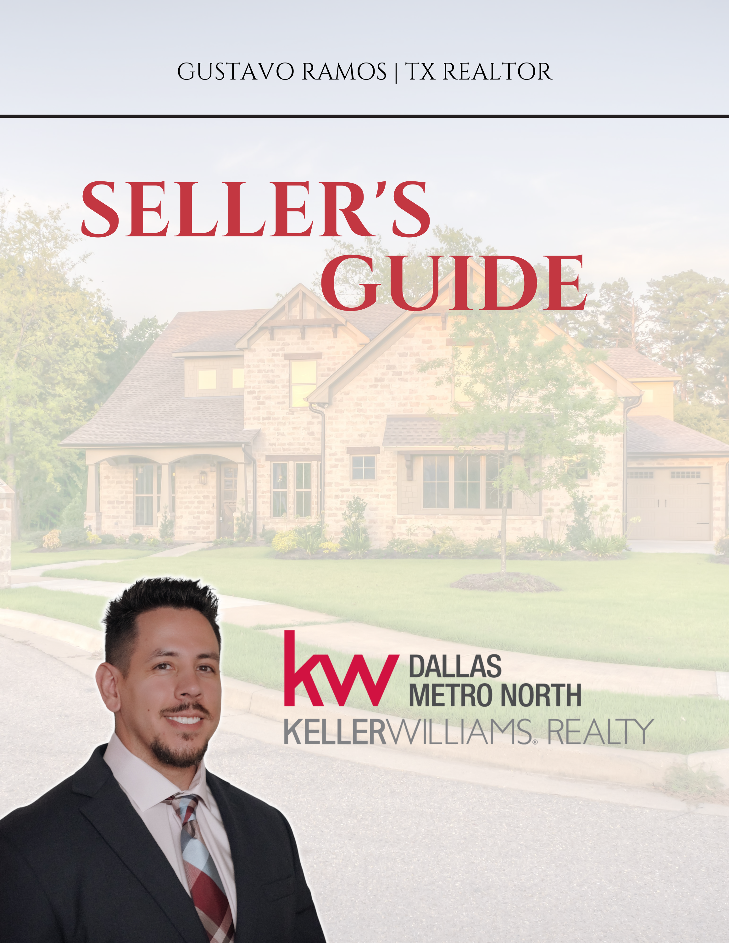 A kitchen interior featuring wooden cabinets, stone countertops, a stainless steel stove, modern lighting fixtures, and wall decor. Text overlaid reads "Seller's Guide" with branding for Williams & Company Real Estate LLC. A male real estate agent, labeled as Gustavo Ramos, TX Realtor, is prominently shown in the foreground.