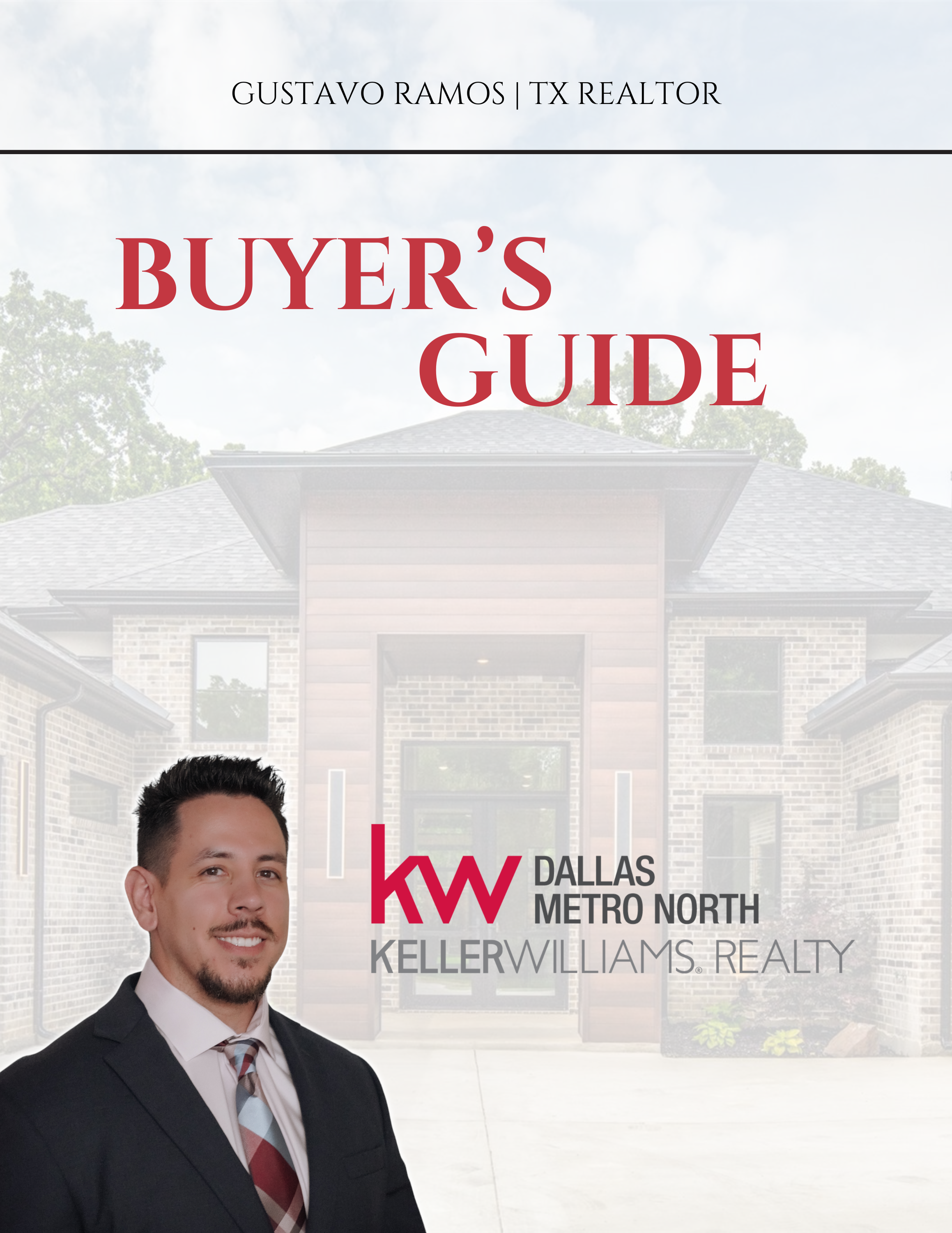 Real estate buyer's guide cover featuring a modern kitchen with wooden cabinets, marble countertops, and stainless steel appliances. A male realtor is pictured in formal attire at the bottom. Text includes "Buyer's Guide" and "Gustavo Ramos | TX Realtor."