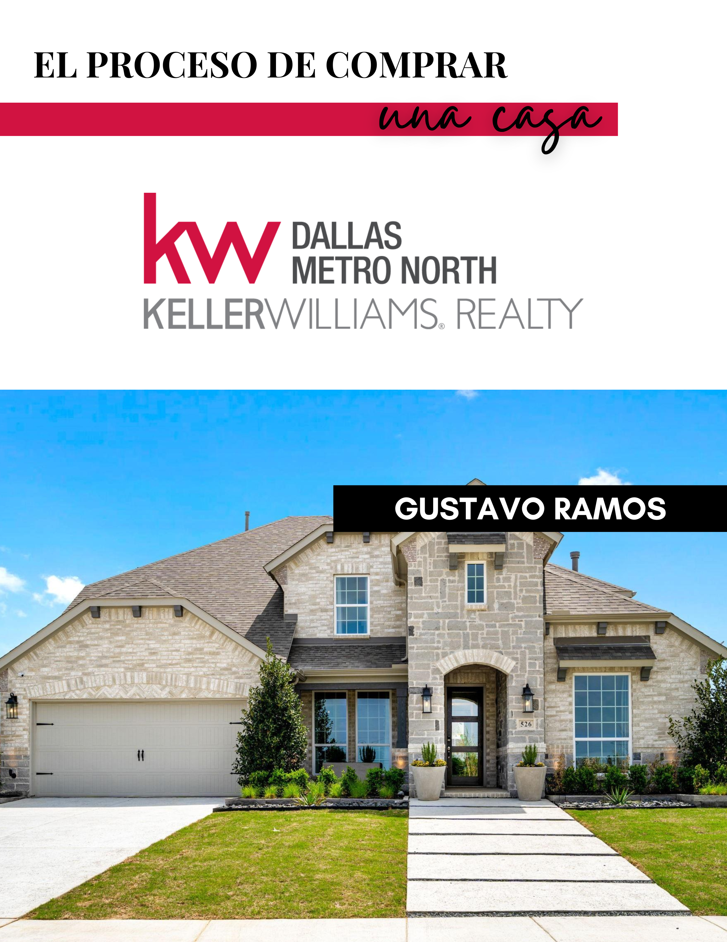 Spanish text about buying a house, featuring a real estate agent's contact details and a modern kitchen with wooden cabinets and marble backsplash.