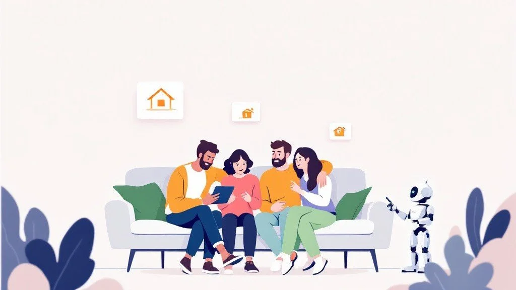 Family of five, including a small robot, sitting on a couch with a tablet, surrounded by house icons.