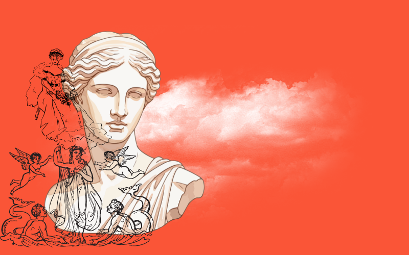 A large sculpture bust of a woman with a serene expression, surrounded by sketches of mythological figures and creatures against a red background with clouds.