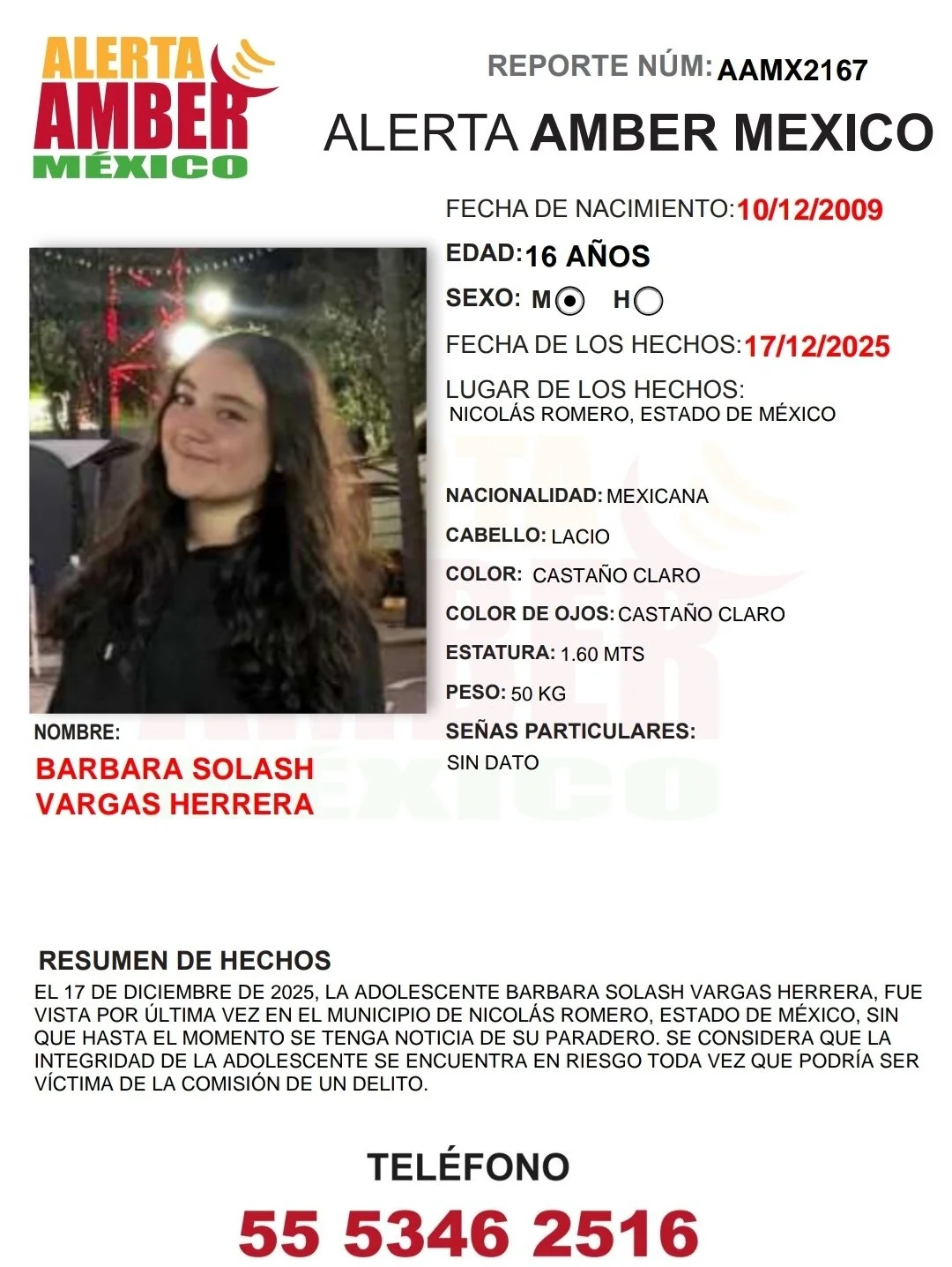 Identification card for Barbara Solash Vargas Herrera, Mexican female, 16 years old, with light brown hair, light brown eyes, 1.60 meters tall, weighing 50 kilograms, wearing a black jacket, and smiling outdoors at night with Christmas lights in the background.