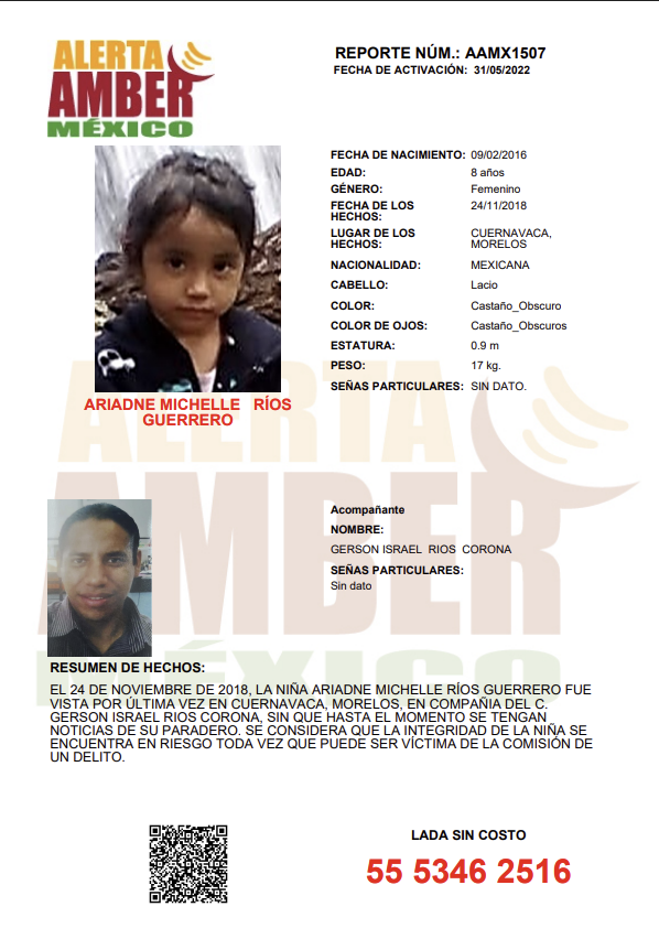 Missing girl Amber alert poster featuring photographs of two children, Ariadne Michelle Rios Guerrero and Gerson Israel Rios Corona, with detailed case information, contact number, and a QR code at the bottom.