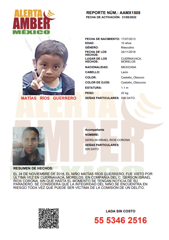 Missing child alert poster for Matías Ríos Guerrero from Cuernavaca, Mexico, with a photo of a young boy making a peace sign. The poster includes personal details, a description, and a contact phone number, 55 5346 2516, for reporting information.