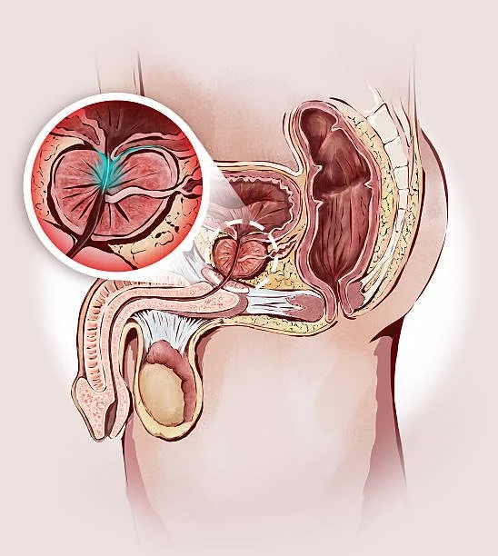 An anatomical illustration of the male reproductive system and urinary tract, showing the bladder, prostate, penis, and testicles, with a magnified view of the prostate gland and surrounding blood vessels.