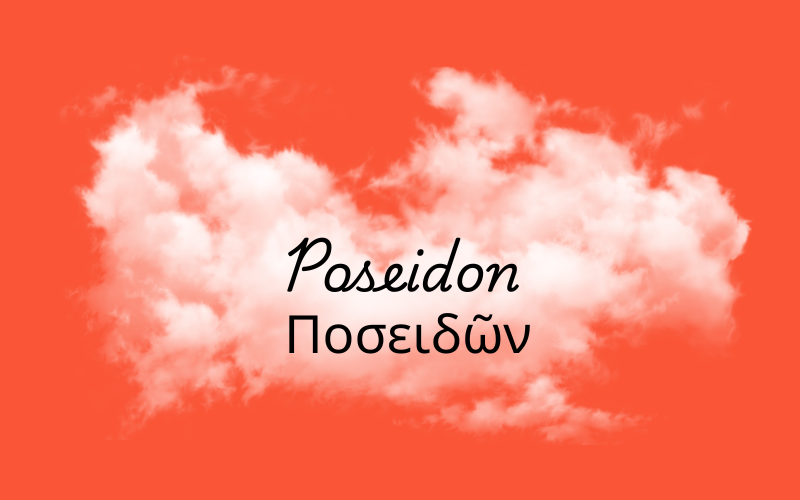 A red background with a white cloud and black text that reads "Poseidon" in English and Greek.