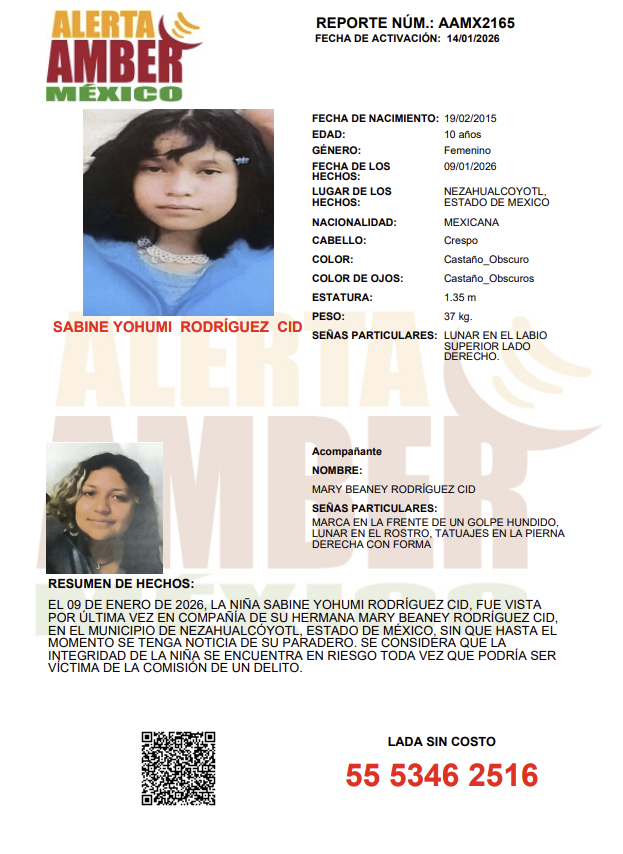 Photograph of a young girl with black hair and a blue shirt, part of a missing child alert, accompanied by detailed identification information, including name, birth date, height, weight, and distinctive features.