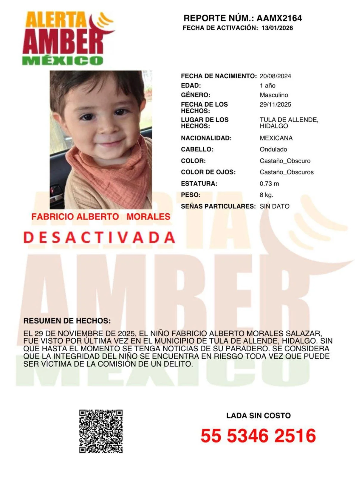 A missing child's report with a photo of a young boy, along with identifying details such as birth date, age, gender, height, weight, eye color, hair type, and location last seen. The report indicates the child is deactivated and provides a contact phone number.