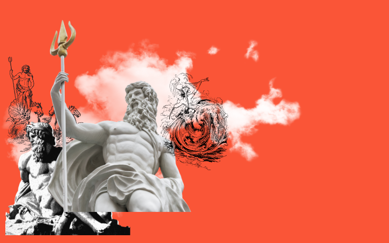 Montage of classical Greek statues and sketches of mythological figures against an orange background with clouds.