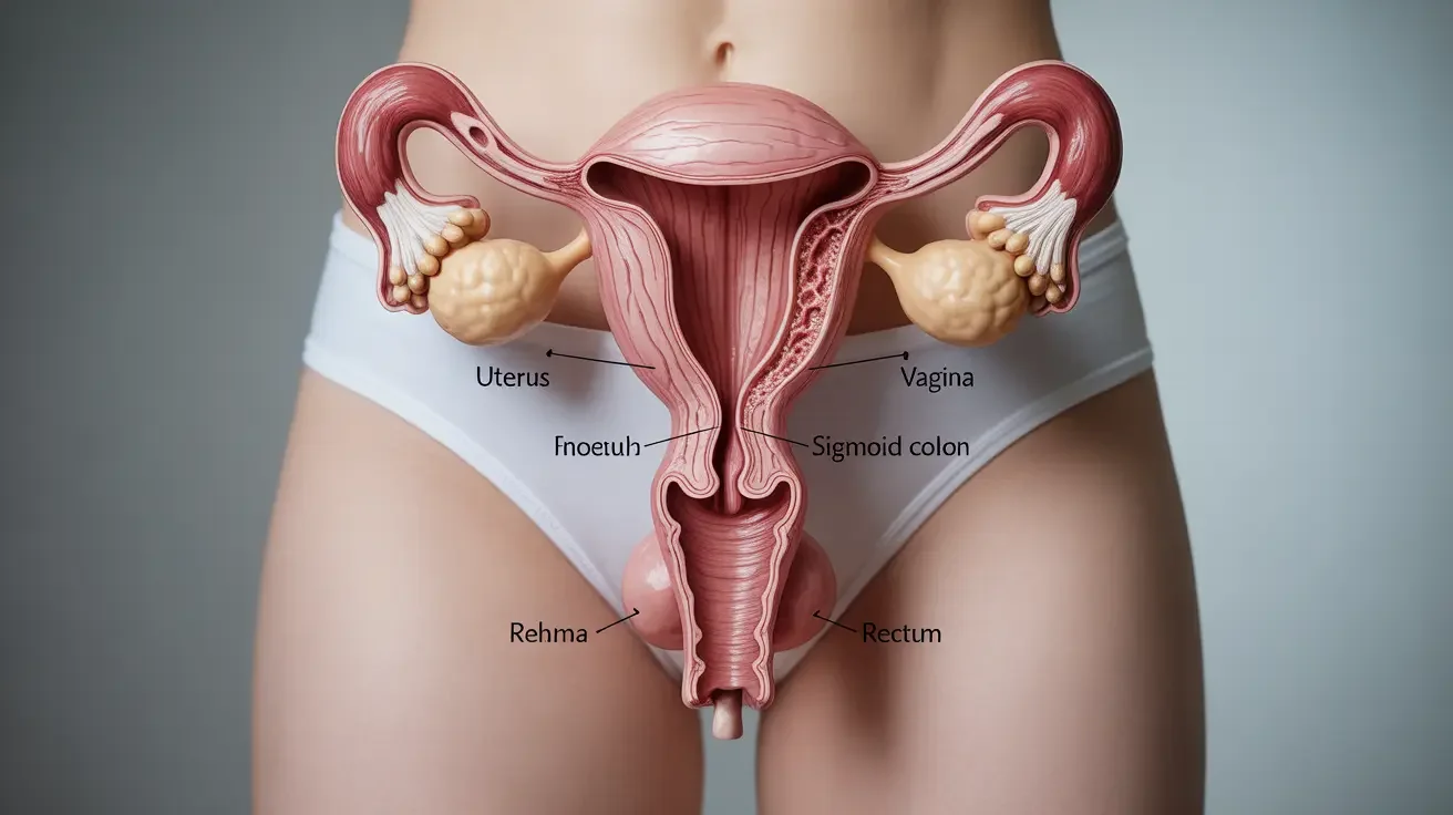 An anatomical illustration of the female reproductive system showing the uterus, fallopian tubes, ovaries, vagina, sigmoid colon, rectum, and related parts, with labels.