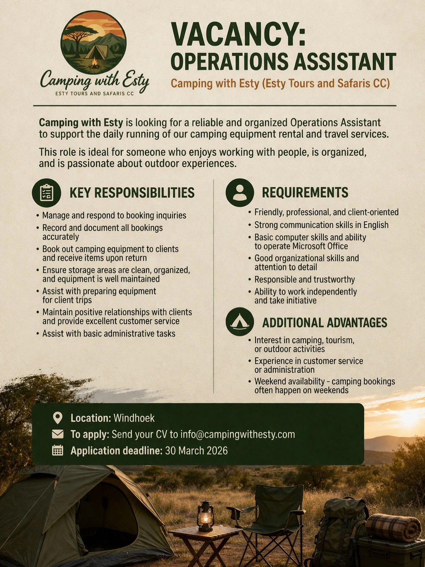 Applications closed

We&rsquo;re hiring! ⛺

Camping with Esty (Esty Tours and Safaris CC) is looking for a reliable and organized Operations Assistant to support the daily running of our camping equipment rental and travel services.

If you enjoy wor