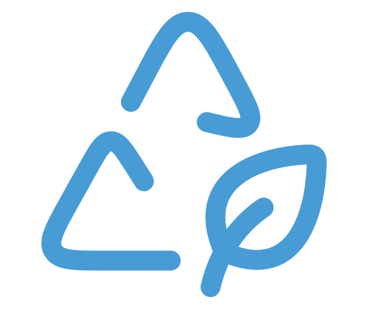 Blue recycling symbol with three arrows forming a triangle and a small leaf at the bottom right.