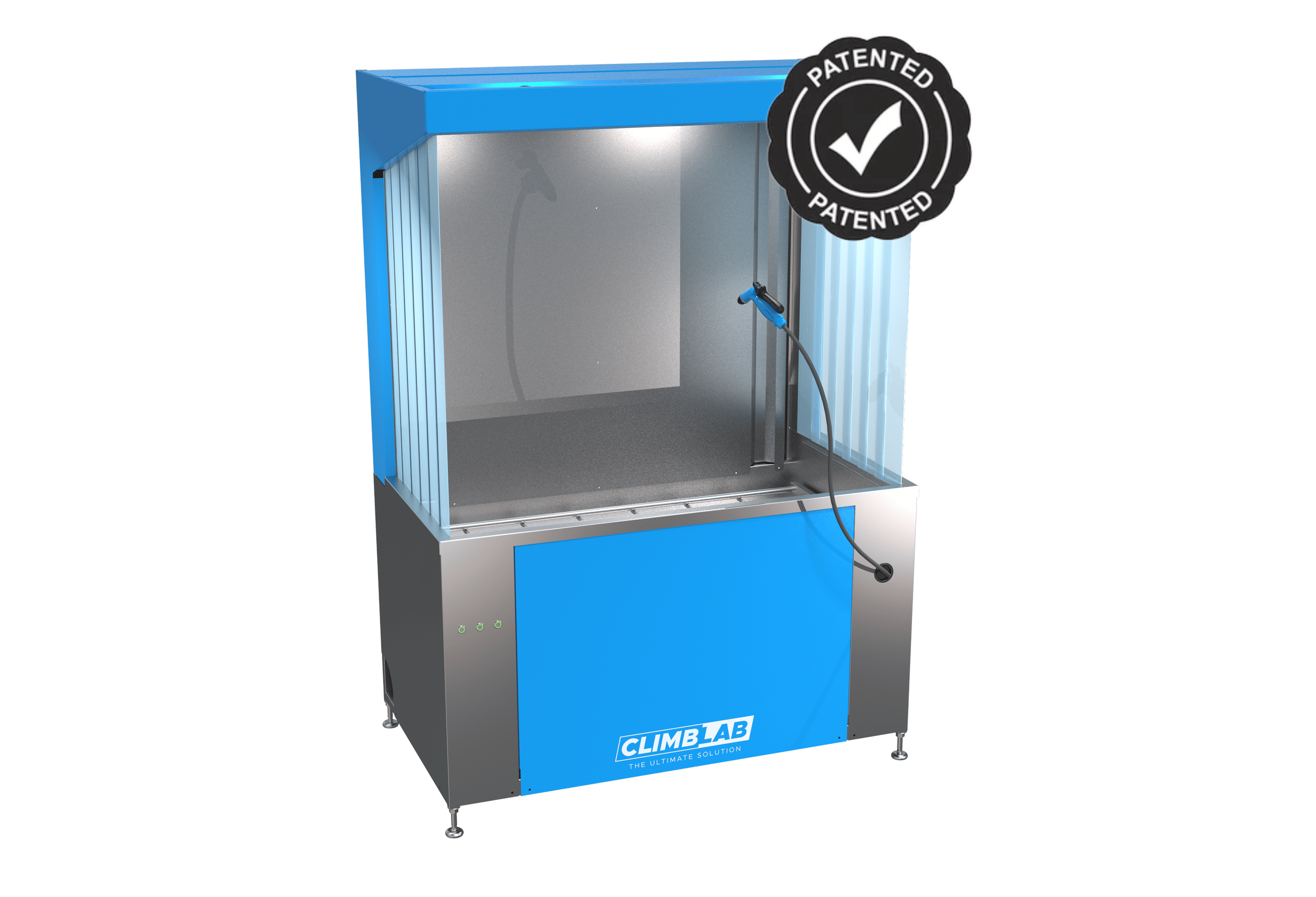 A pressure washing cleaning booth with a blue and silver/chrome exterior, featuring a mounted handheld gun connected to a hose inside.