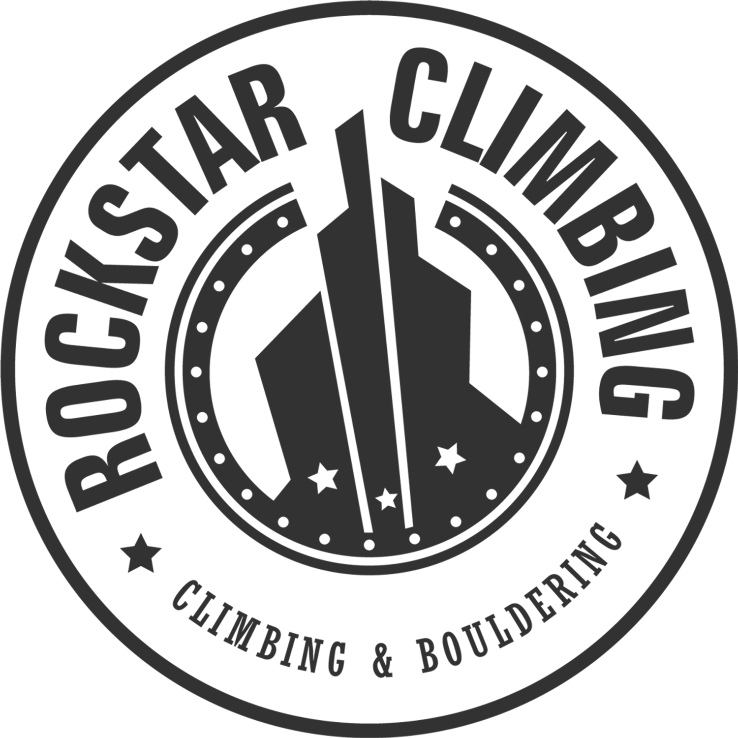Logo for Rock Star Climbing featuring a circular design with a clock. The outer ring says "Rock Star Climbing" and "Climbing & Bouldering". The center shows a stylized clock with two hands pointing at different times and three stars at the bottom.