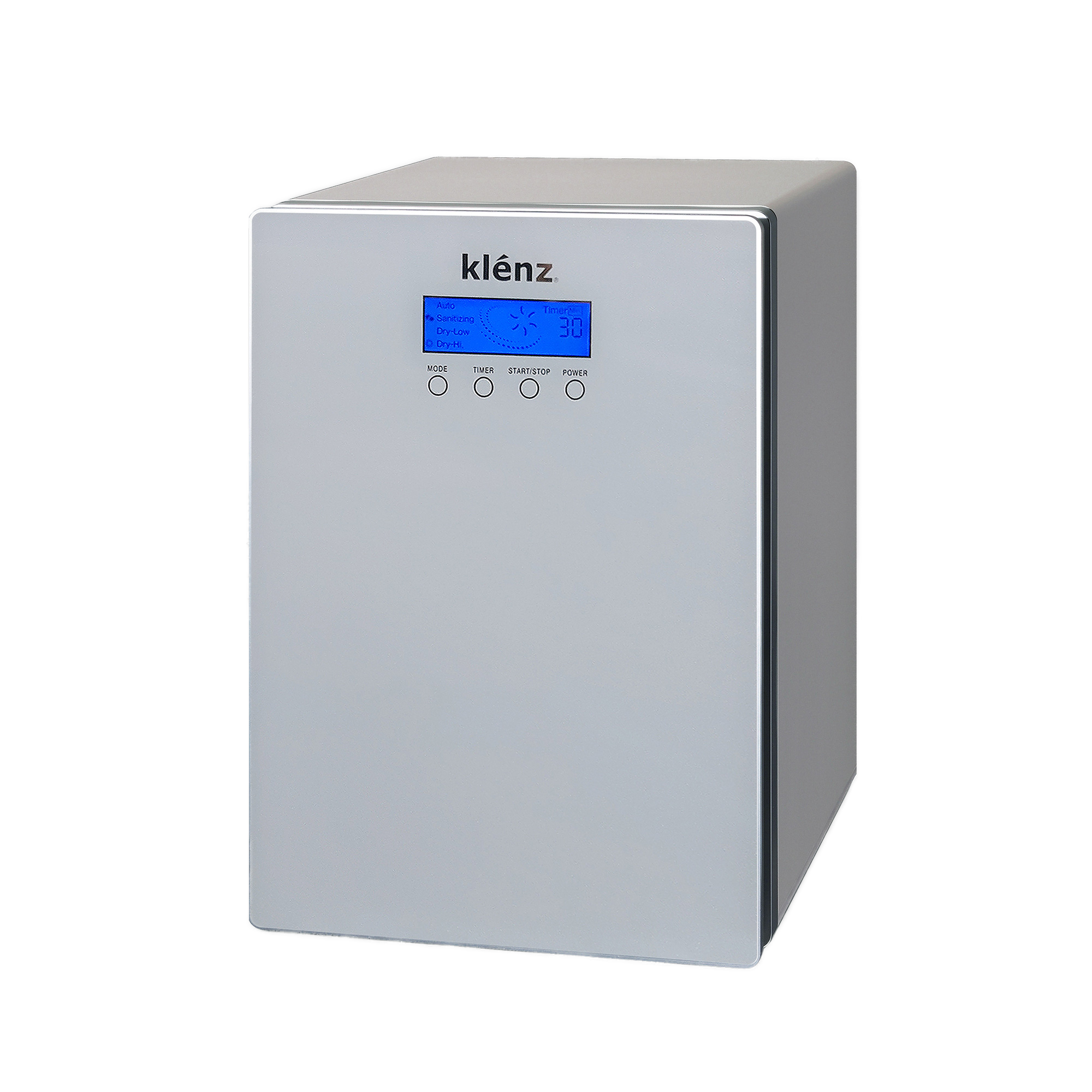 A gray ozone sterilizer box with a blue digital display and control buttons, labeled 'klēnz' on the front.