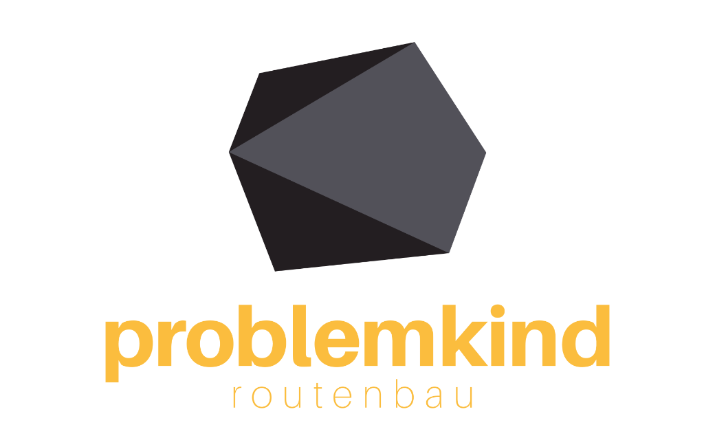 Logo featuring a geometric black shape above the words "problemkind" in bold yellow text, with "routenbau" in smaller yellow letters underneath.