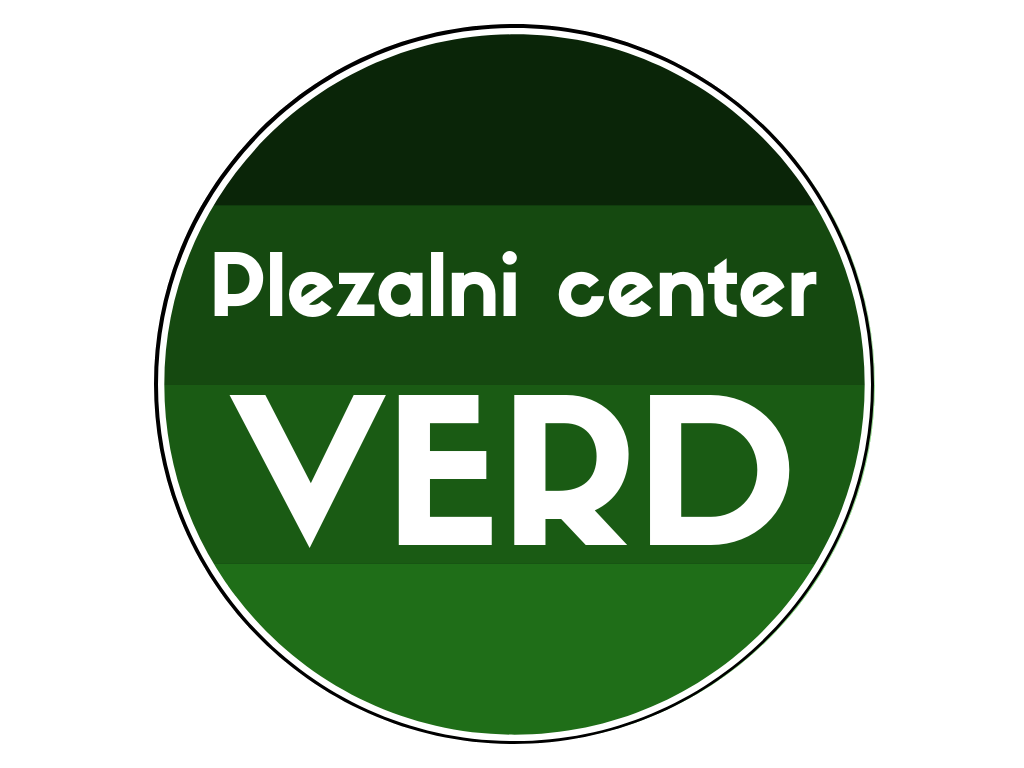 Green circular sign with white text that says "Plezalni center VERD"