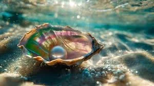 A seashell on the water's surface with a pearl inside, reflecting sunlight.