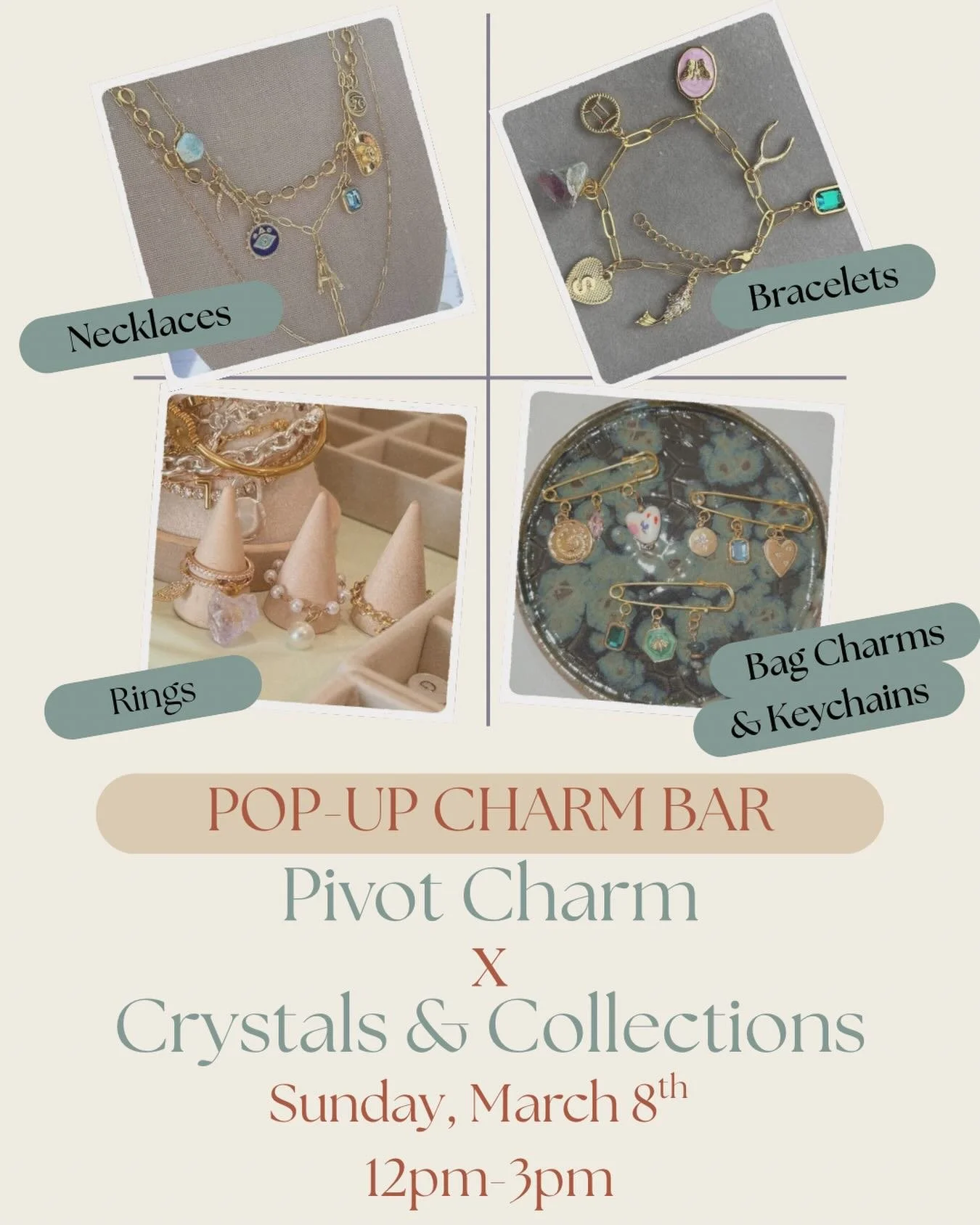 Kaitlyn is coming back with even more goodies than last time!! Now available to custom make are bag charms and keychains 💅🏼💫 &amp;&amp; of course, gorgeous gold plated necklaces, bracelets, and rings 🤍 
RSVP with me or @pivotcharms to save your s