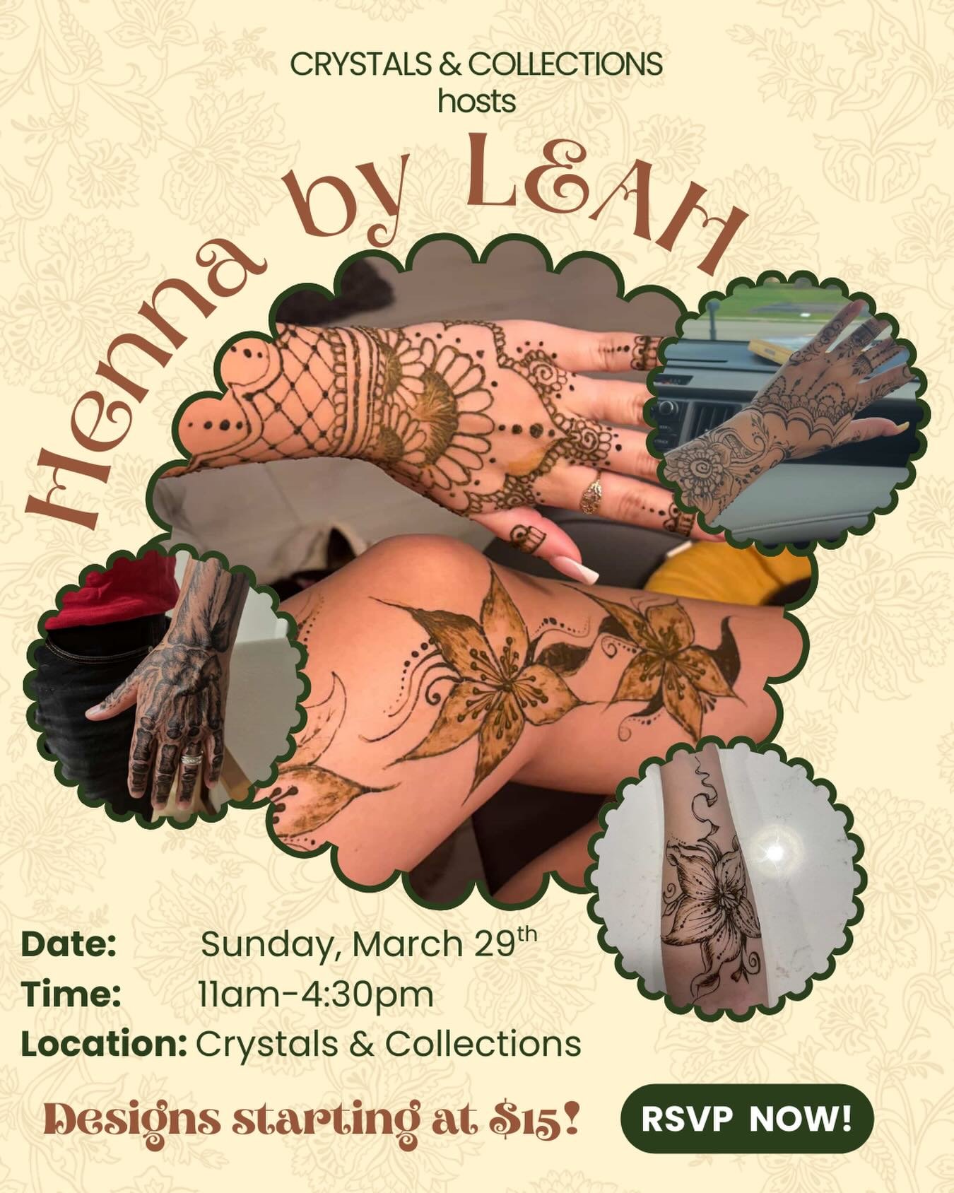 @henna.by.leah and Crystals &amp; Collections are joining forces to provide you an afternoon of uplifting energy and henna 💫

RSVP with Sydney @crystals.collections.ftmyers !!

#swflevents #hennanight #crystalcommunity