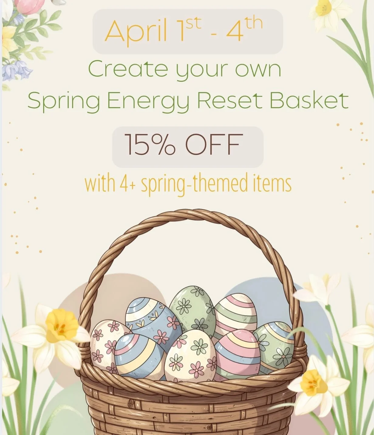 Stop by &amp; Create Your Own Spring Reset Basket April 1-4 🪺🍄 
All Inventory available as part of this sale ✨