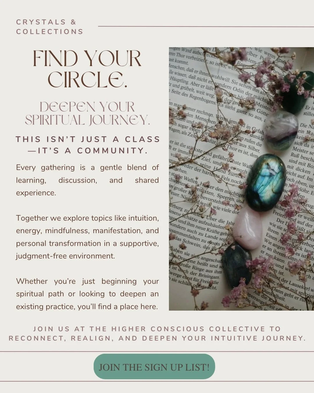 Melissa and I have been brewing up a Higher Conscious Collective group for the community to reconnect, realign, and deepen your intuitive journey! We would absolutely love for you to join us in growing and living in higher vibrations ✨

Melissa is ce