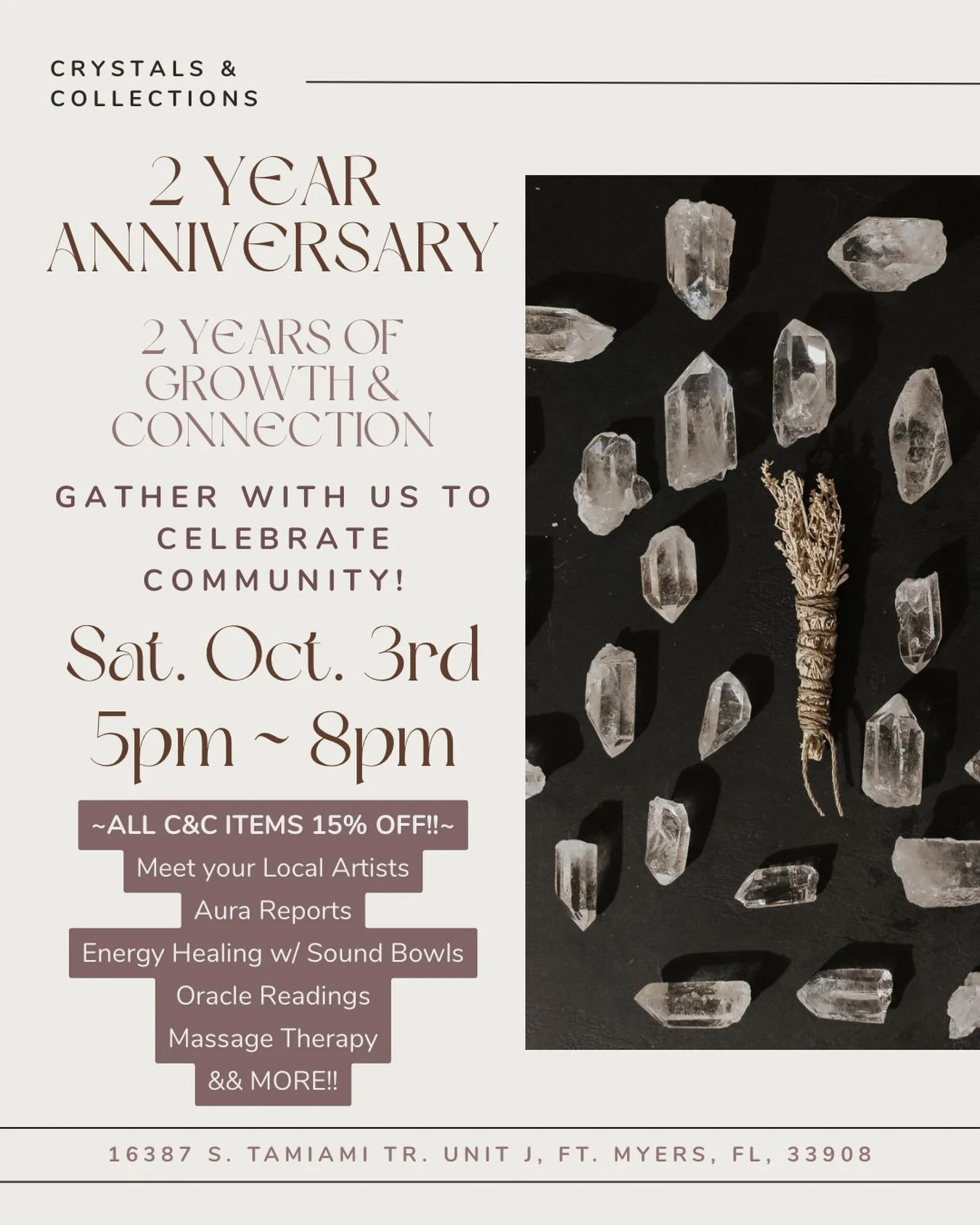 Don&rsquo;t forget to mark your calendars for a community celebration!! I&rsquo;m sooo excited and so extremely blessed &amp; grateful for you all ✨ 
SEE YOU OCT 3rd 🤍

#crystallover #swfl #communityevent #celebratetogether