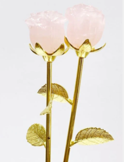 Rose Quartz Rose Flower with Gold Stem