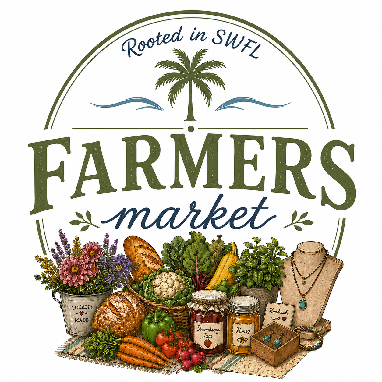 Logo for Farmers Market with a palm tree, waves, and text, along with fresh produce, flowers, jars of jam and honey, jewelry, and handmade goods displayed below.