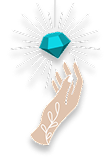 A hand with decorated nails holding a blue gemstone surrounded by shining rays.