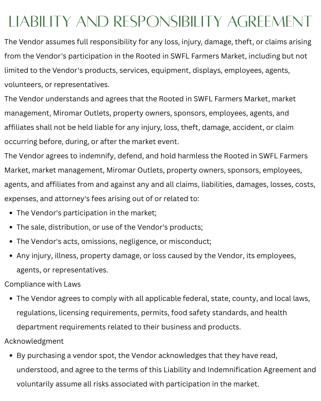 Liability and Responsibility Agreement document for SWFL Farmers Market.
