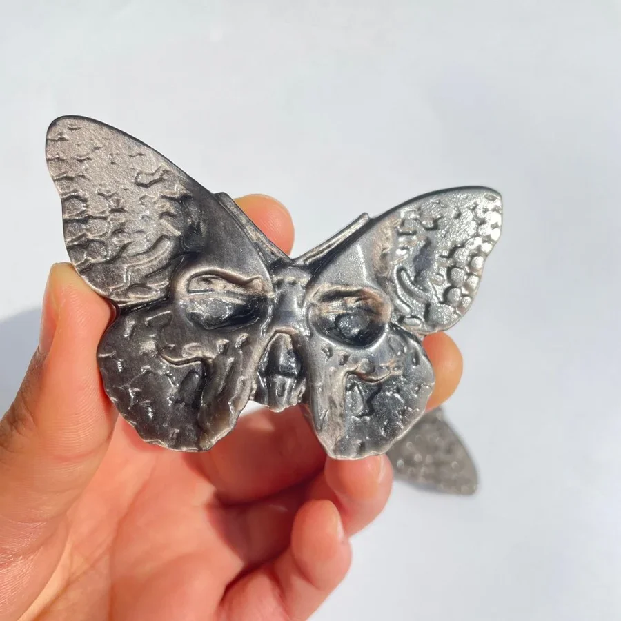 Silver Sheen Obsidian Butterfly Skull Carving
