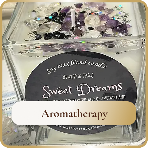 A glass candle holder with a soy wax blend candle labeled 'Sweet Dreams' for aromatherapy, topped with purple and clear decorative stones and star-shaped accents.